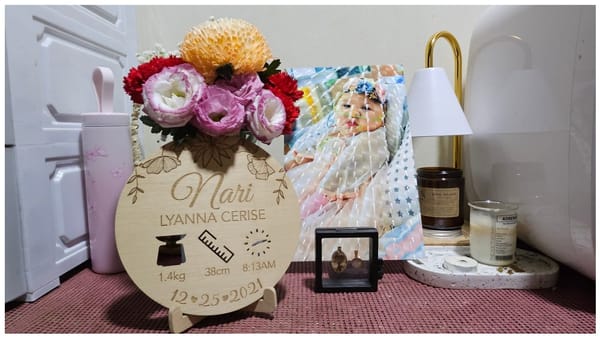 A photo of a bouquet and memorabilia.